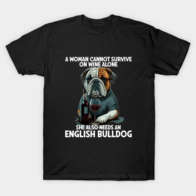 English Bulldog - A Woman Cannot Survive On Wine T-Shirt by Kudostees